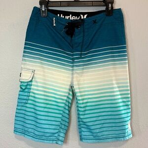 HURLEY Men`s Blue White Striped Swim Trunks Board Shorts w/pocket Size 28